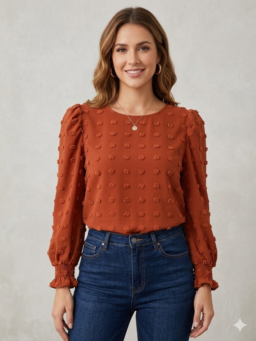 Boho Fall Rust Swiss Dot Puff Sleeve Blouse M